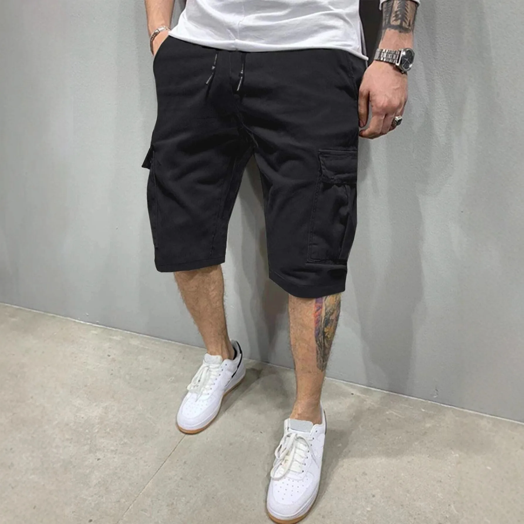 2026 New Fashion Men's Multi Pocket Solid Color Simple Basic Casual Trendy Elastic Cargo Knee Length Shorts Male Cotton Clothes