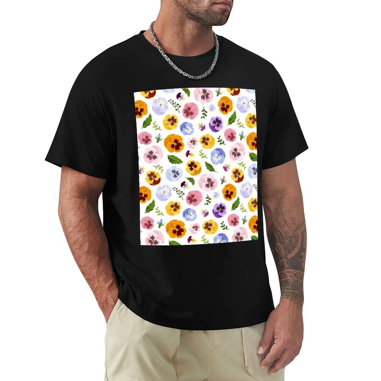 Floral pattern with bright colorful pansy flowers. T-Shirt Vintage Print Crew Neck Tee