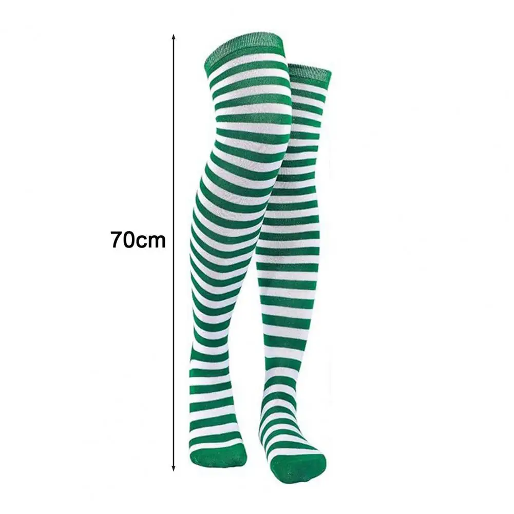 Women Long Striped Socks Green White Striped Over Knee Stockings for Holiday Stage Performance High Elasticity Anti-slip Soft