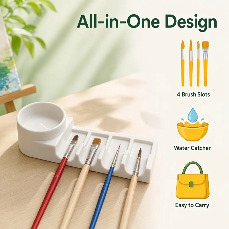 Portable Paint Brush Holder, 4 Slots + Water Drip Bowl, Easy Clean Art Painting Storage Organizer Tool