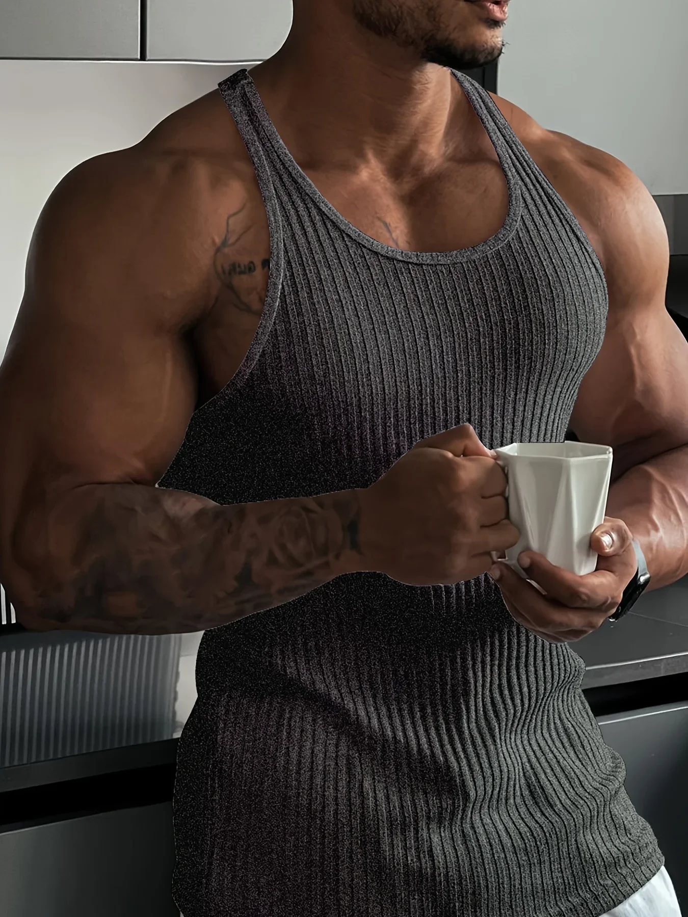 

Summer New Fitness Set For Men: H-shaped Tight Vertical Striped Muscle Sport Lace Quick-drying Vest Slim And Highly Elastic