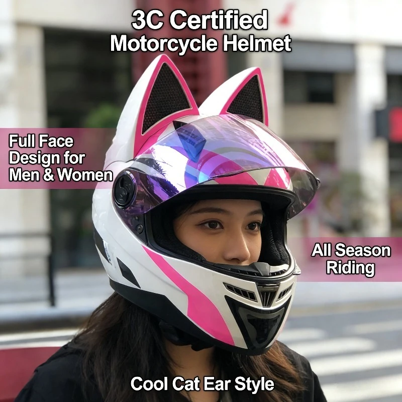 

Unisex Full Coverage Moto Helmet 3C Safety Approved All Weather Racing Helmet Stylish Horn Cat Ear Decor For Street Bike
