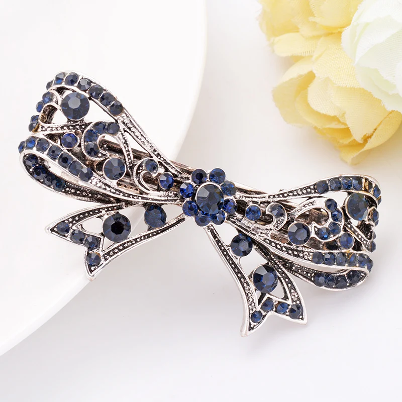 EASYA Vintage Antique  Blue Crystal Bowknot Hairpins Jewelry Women\'s Fashion Metal Rhinestone Ribbon Hair Clips Barrettes