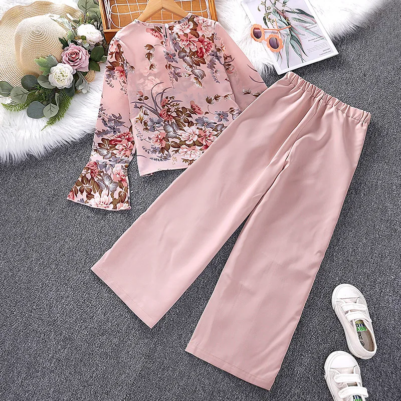 2 Pcs Kids Casual Clothing Sets Outfits for Girls 2023 New Autumn Children Fashion Pink Floral Print Tops Long Pant Sets 7-14Y