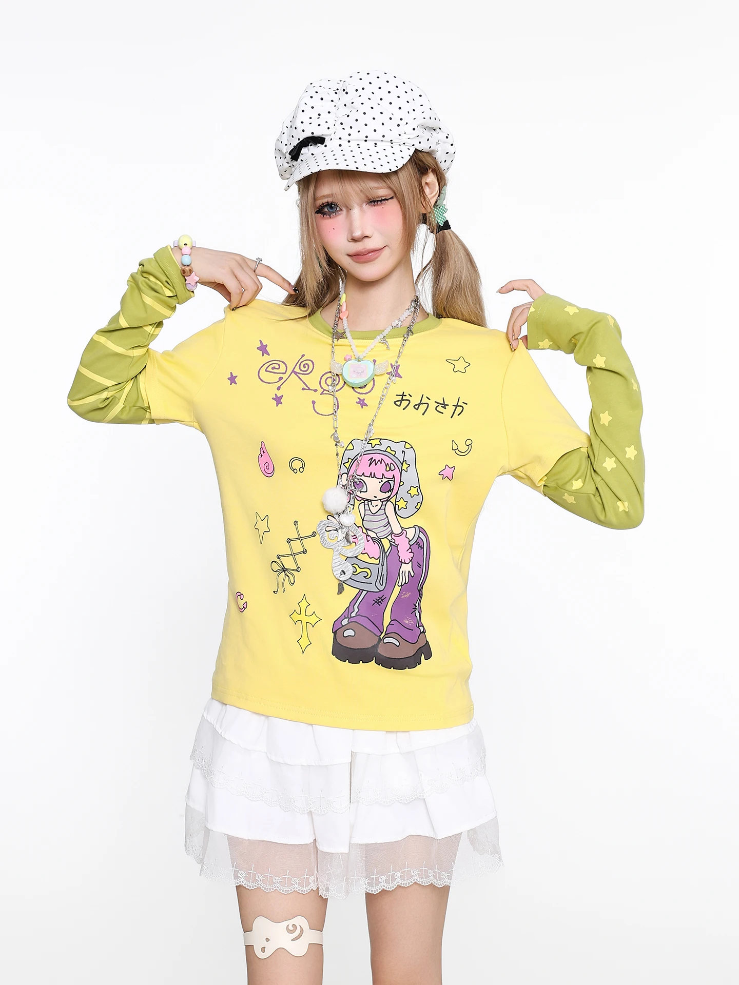 Orange Jam YO Cute Retro Cartoon Pattern Fake Two-Piece T-Shirt for Women Slimming Versatile Casual Long Sleeve Top