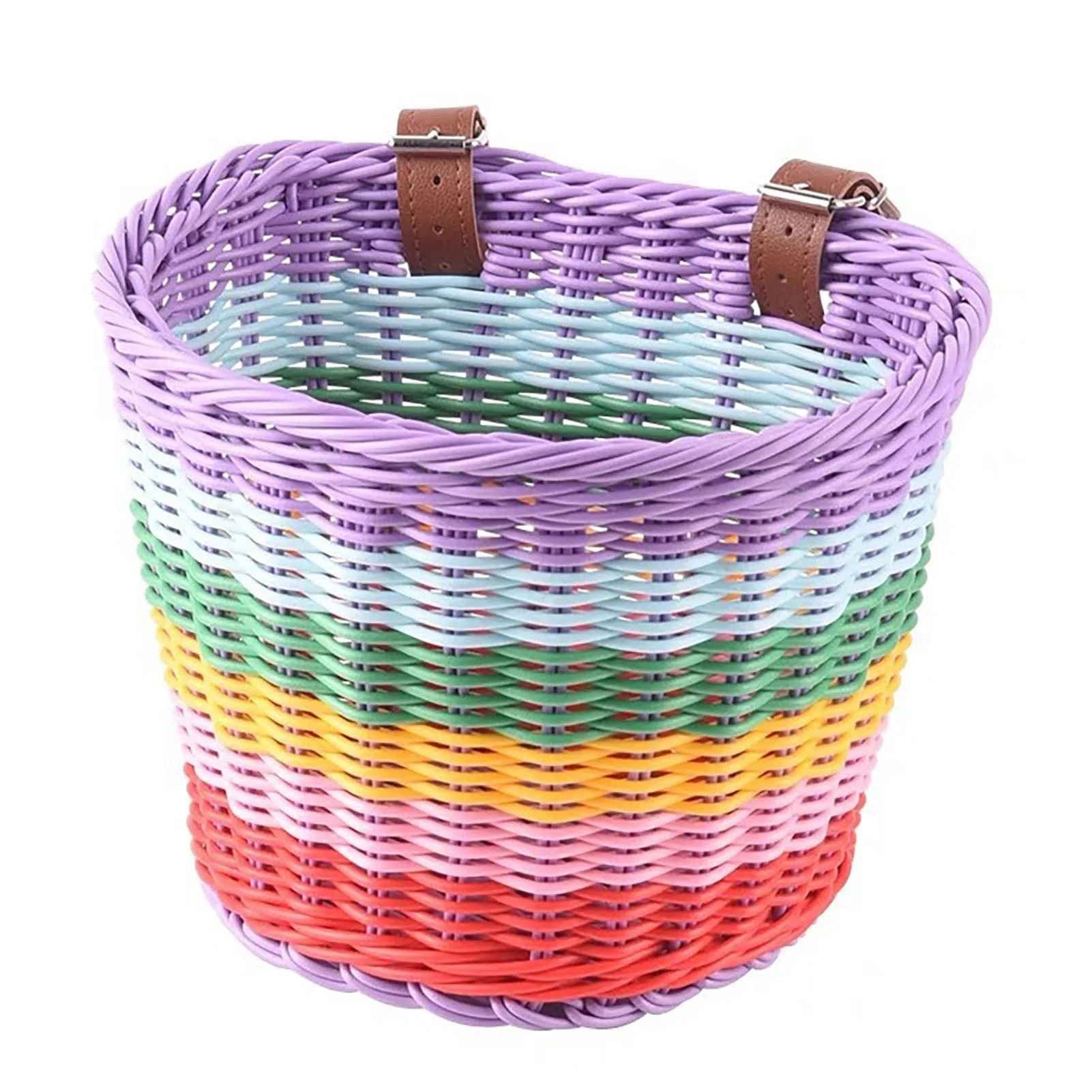 Regenbogenfarbener Fahrradkorb für Kinder, vorderer Lenker, Rattan, Picknickkorb, Kunststoff, Fahrradtasche, Wasserflasche, Puppenetui