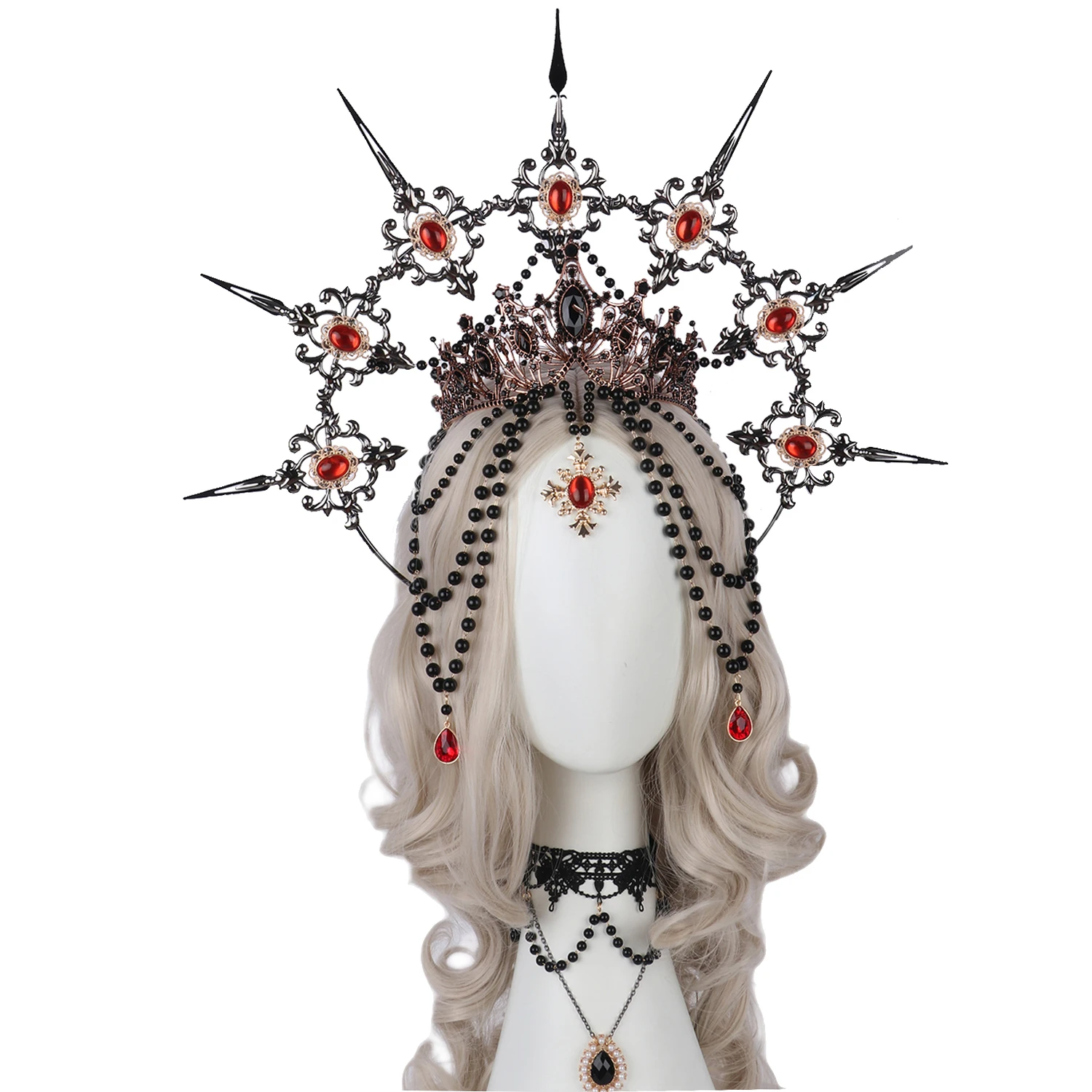 Collar de corona de Halo KC con pinchos negros, tocado para mujer y niña, diadema gótica de diosa, cadena de cuentas barrocas de la Virgen María, accesorios para el cabello