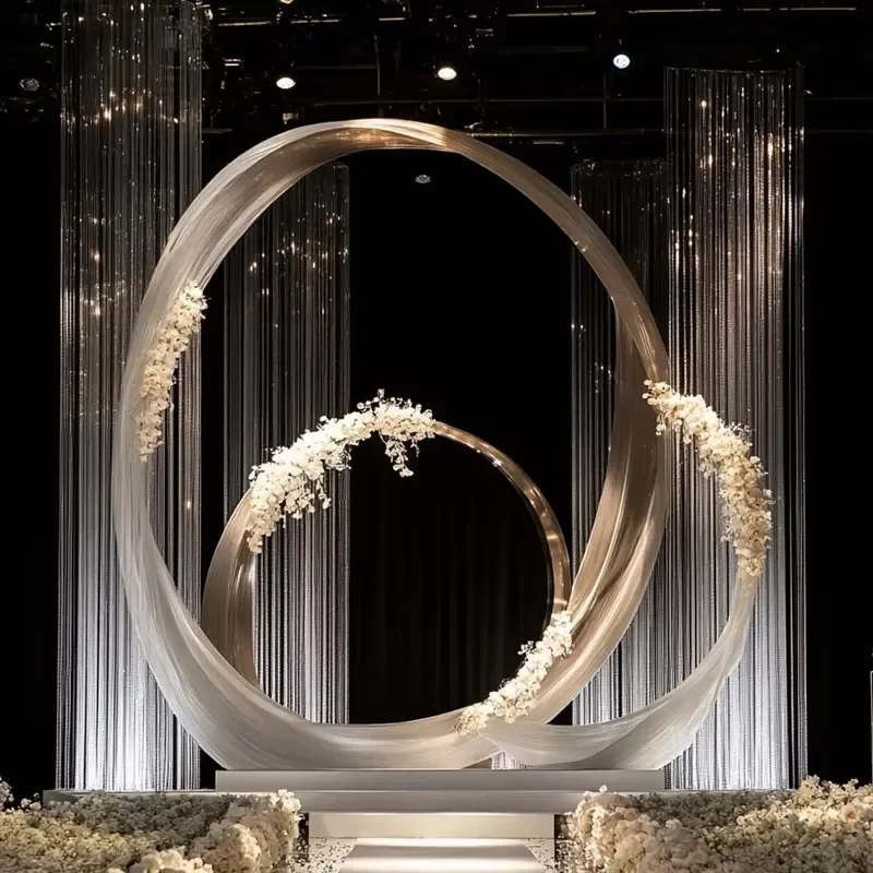 Custom Silver Moon Arch Wedding Stage Backdrop with Champagne Flower Aisle Decor and Tassel Lights for Hall Ceremony