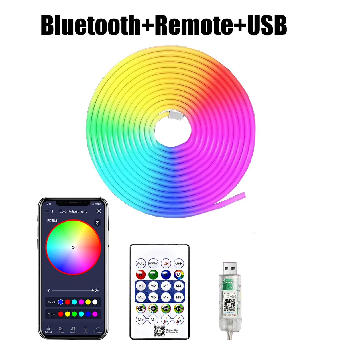 5V RGB+IC Neon Stripverlichting 1M 2M 3M 5M 10M USB Waterdichte Flexibele LED Stripverlichting Met Bluetooth Afstandsbediening Voor Huisdecoratie - afbeelding 1