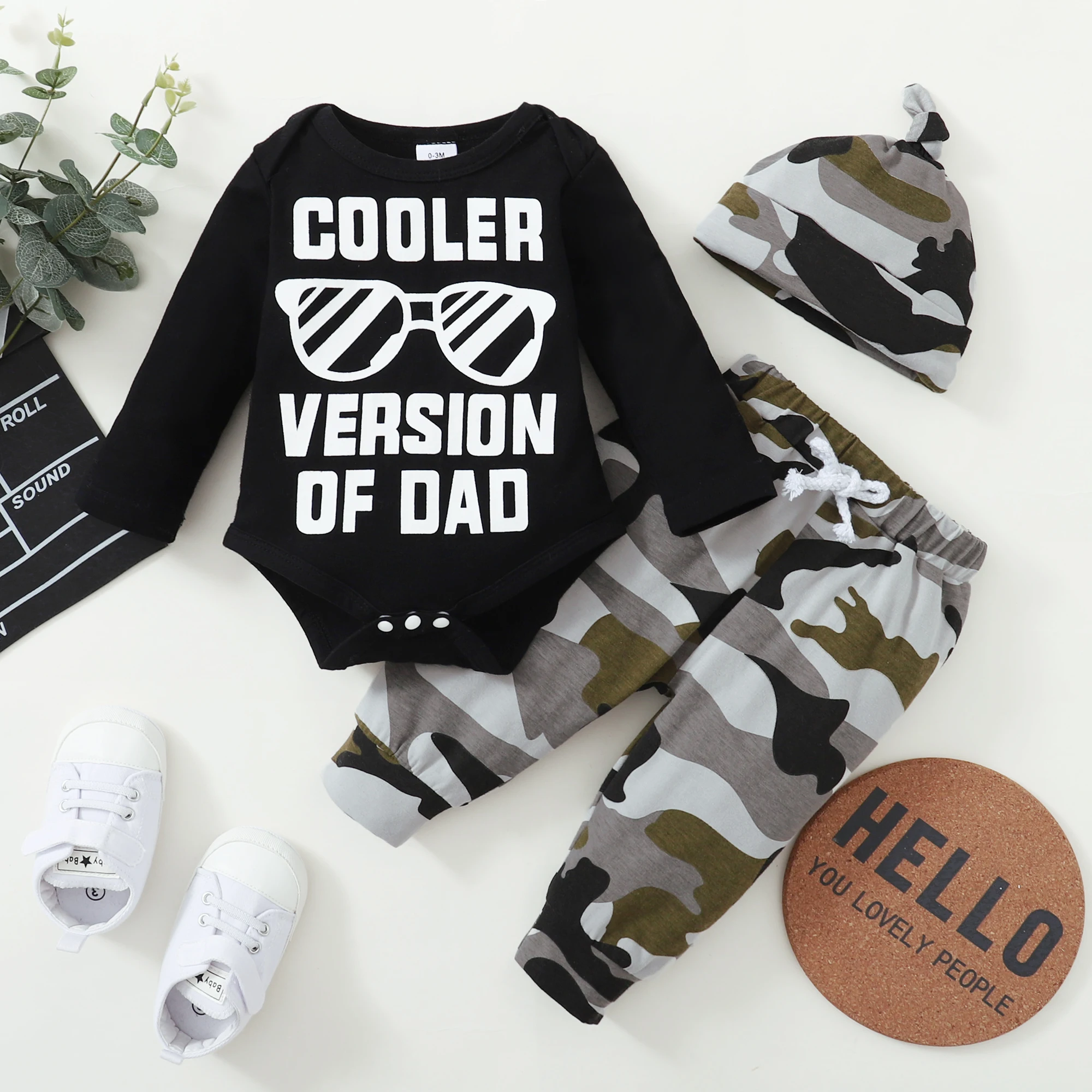 Infant Baby Boy's Clothing Camouflage Pants & Letter Graphic Long Sleeve Bodysuit Romper &Hat 3pcs Set For Autumn And Winter