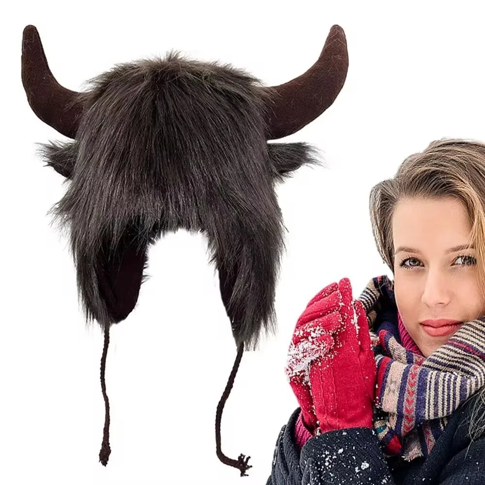 High Quality Unisex Bullhead Hat Thick Fluffy Bison Hat Windproof with Horns Funny Hat