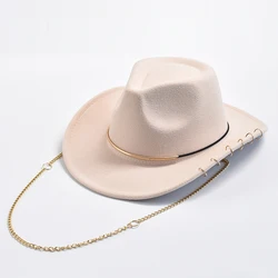 Retro Fedora Hats for Women Men Metal Chain Decor Felt Jazz Hats Curved Brim Western Cowboy Hat Sombrero Hombre