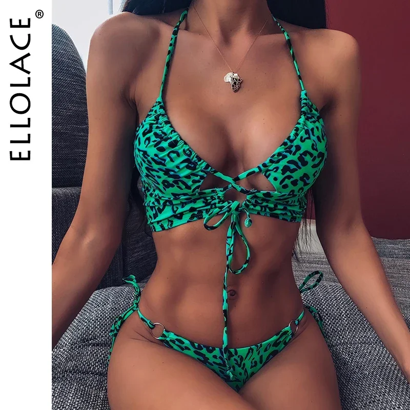 Elolace-biquíni bandagem estampa leopardo para mulheres, swimwear push up, maiô sem costas halter, maiô bandagem sexy, biquíni animal, feminino