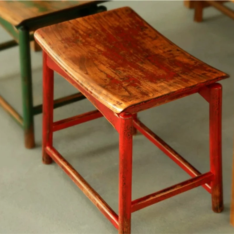 

Rustic Painted Wooden Stool for Kitchen Vintage Yuanbao Shape Dining Stools Farmhouse Old Elm Shoe Seat Country Style High Bench