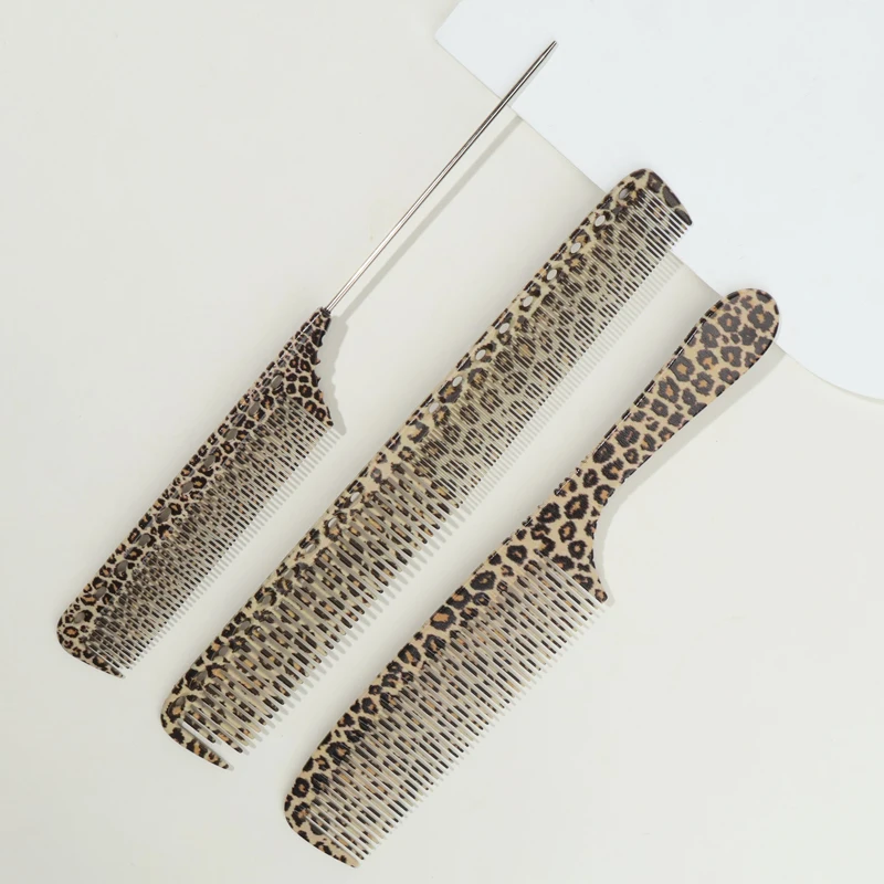 مجموعة واحدة إلى ثلاث قطع: مشط شعر بطبعة جلد الفهد الأصفر، مشط برأس مسطح، مادة ABS متينة + مقبض معدني ABS #2