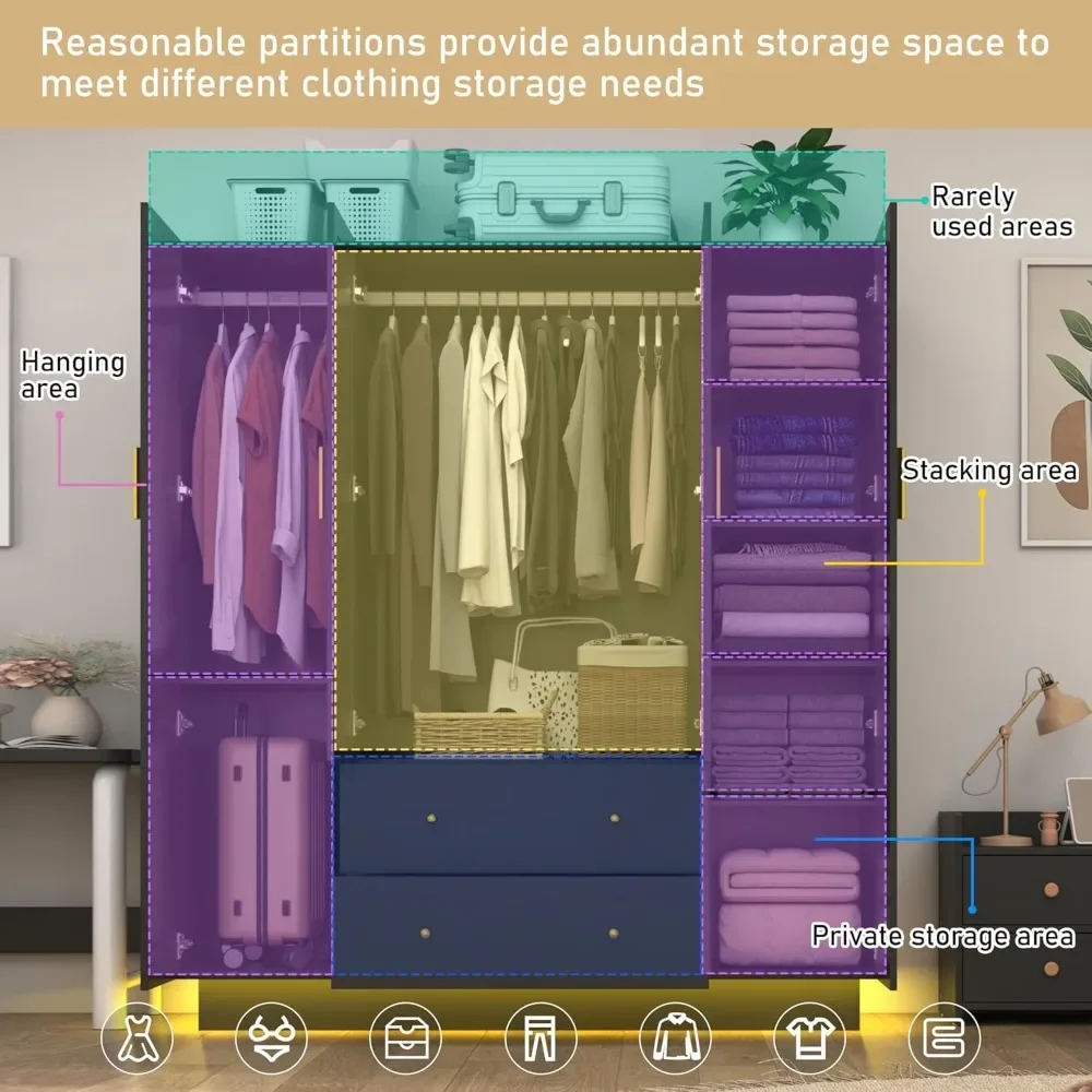 4 Door Wardrobe Closet with Mirrors and LED Lights, Bedroom Armoire with Drawers and Shelves, Modern Wooden Armoire  ,Wardrobes