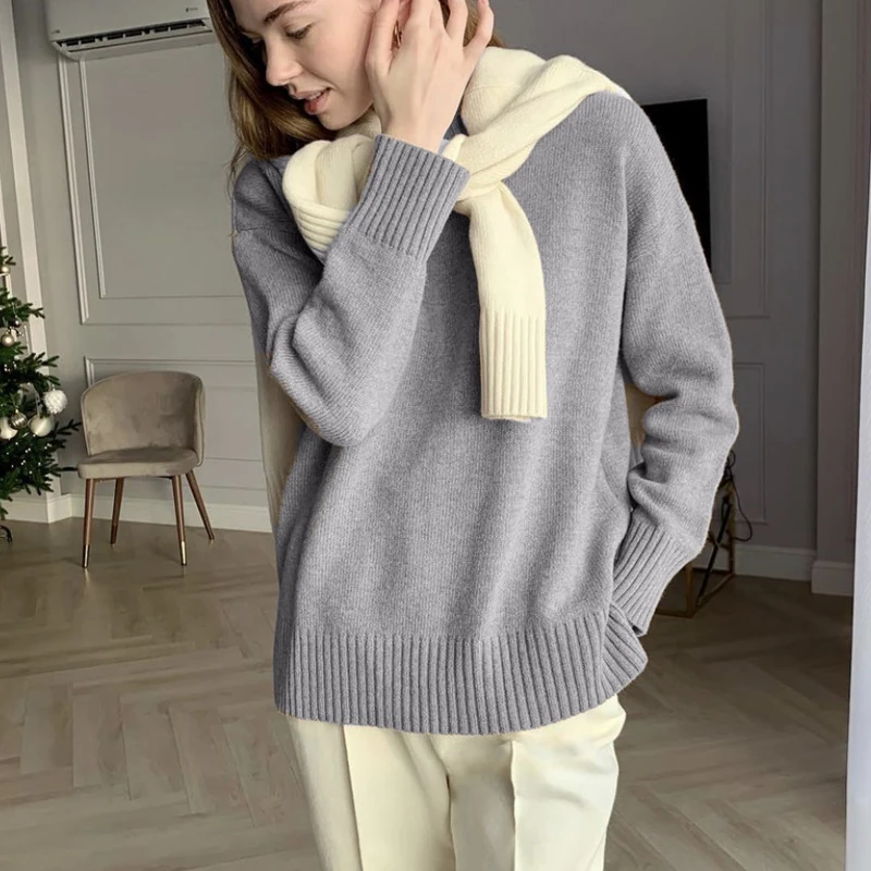 Hirsionsan Basic Khaki Knitted Cashmere Sweaters Women 2023 New Winter Loose Solid Ladies Pullovers Warm Casual Knitwear Jumper