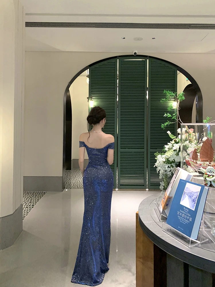 Französisches Mode-Kleid in Blau, Sexy Schulterfreies Kleid mit Schlitz, Kurzärmeliges Plissiertes Kleid, Damen Geburtstagsparty Abendkleid Langes Kleid – Detail 5