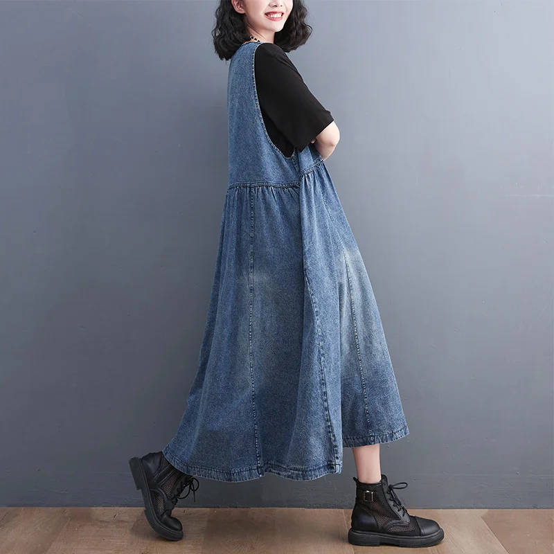 #2707 Vintage Blue Denim Dress Women Sleeveless Tank Top Jeans Dress Female Loose Retro A-line Midi Dress Femme Pockets Summer