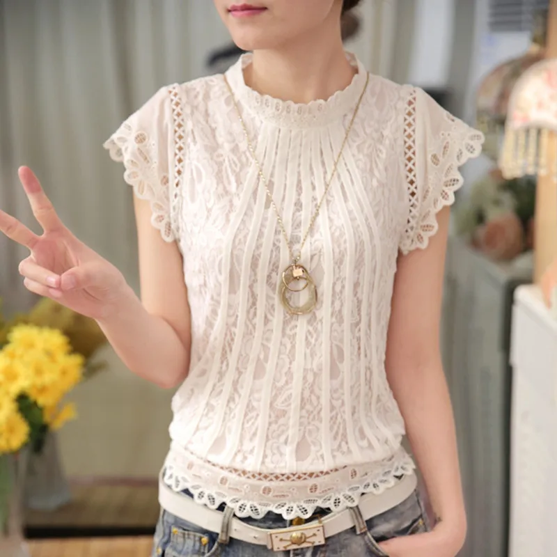 2024 Fashion Summer New Elegant Female Blouse Shirt Youthful Lace Short Sleeve Woman Clothes Hollow Out Tops Blusas Mujer 01C