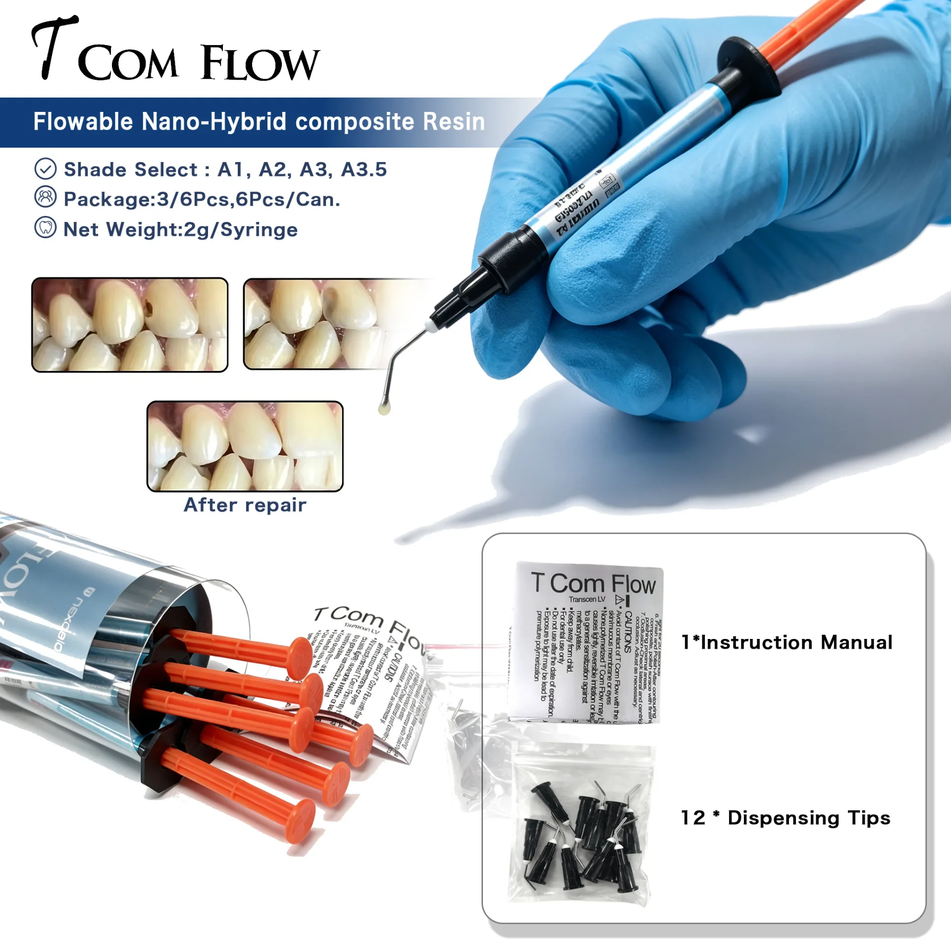 

6Pcs/Can Dental Light Curing Flowable Nano-Hybrid composite Resin Syringe(2g/pc) Nursing Filling Repair Dentistry Material