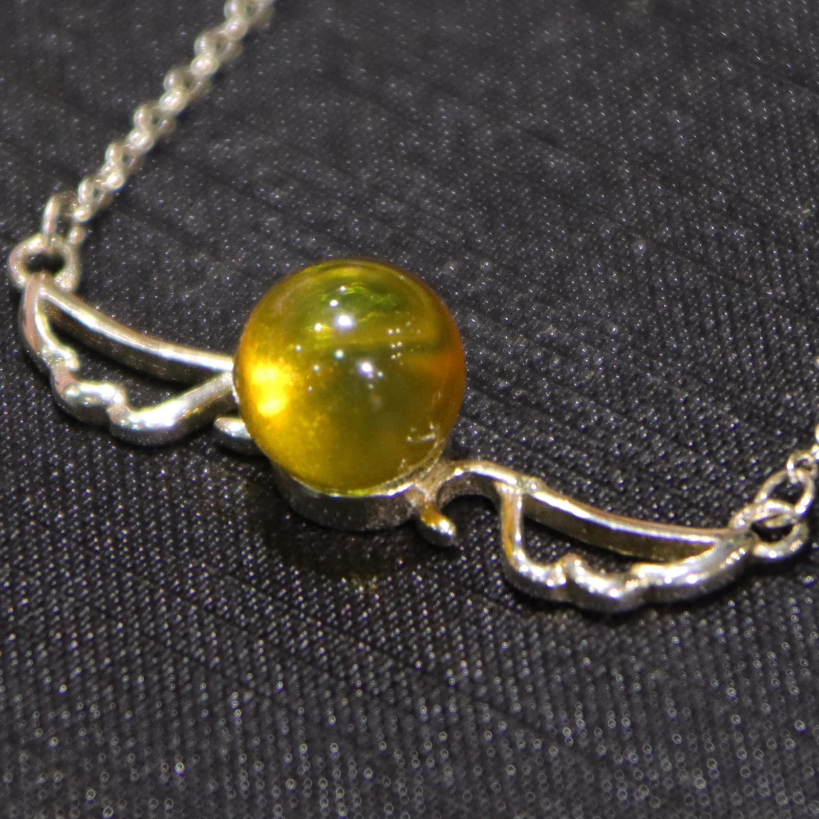 Silver Wings Pendant with Natural Mexican Blue Amber 8mm Amber Bead and Sterling Silver Chain