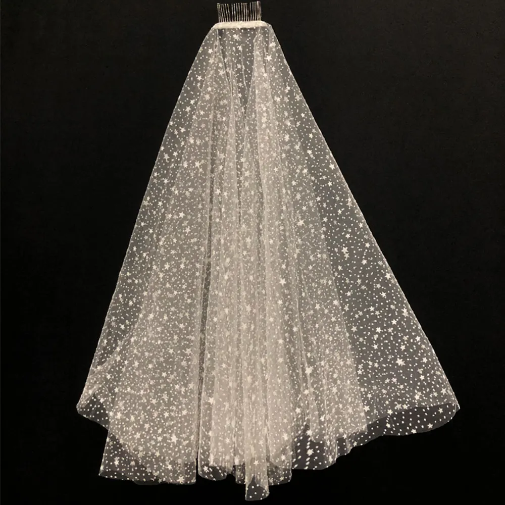 V810 Exquisite Elbow Length Wedding Bridal Veil Two-Layer Plain Tulle Cut Scalloped Stars Sequined White Marriage Bride Veil