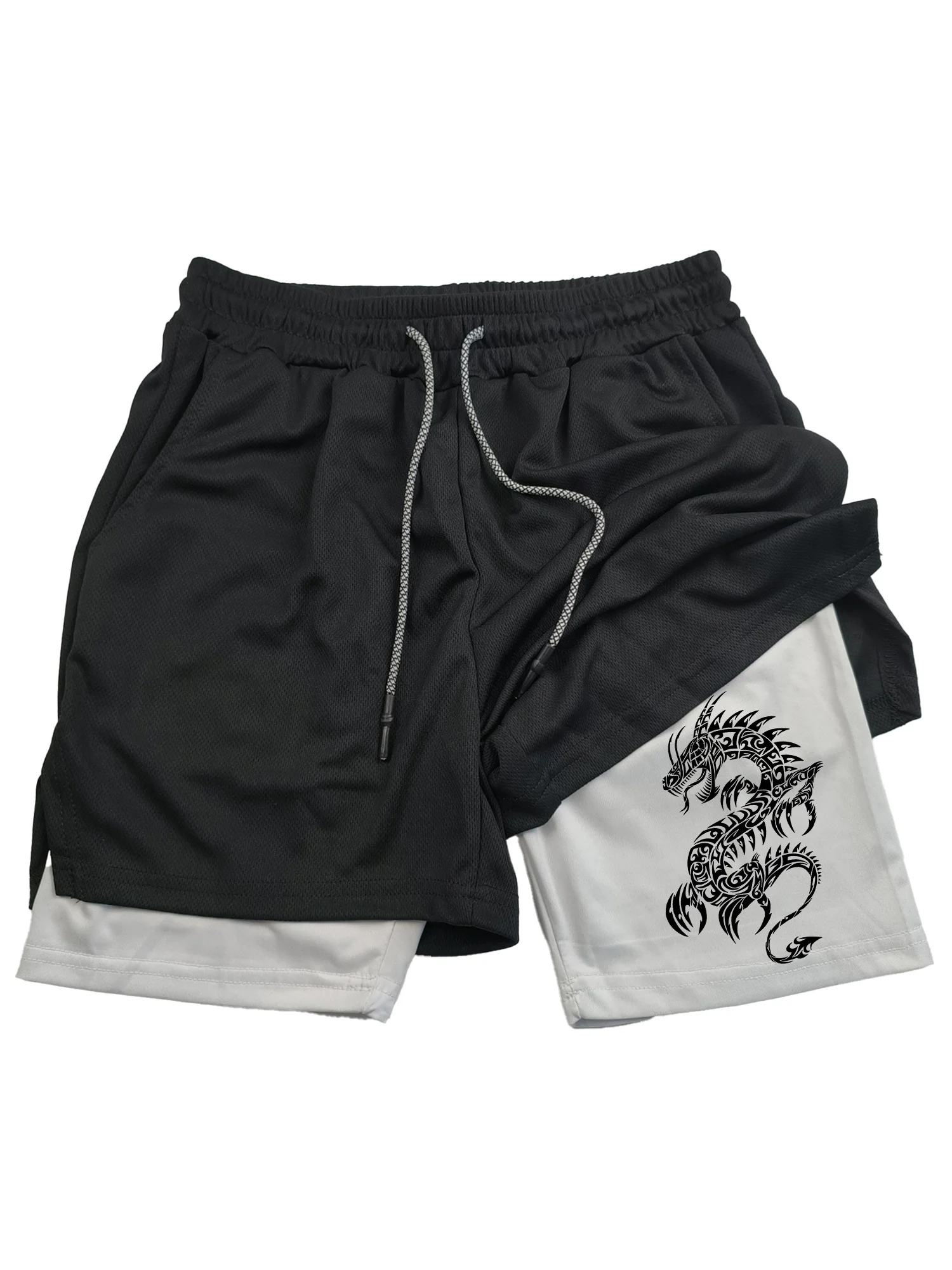 Men's Dragon Print Double-Layer 2-in-1 Sports Shorts - Breathable Quick-Dry Workout Shorts
