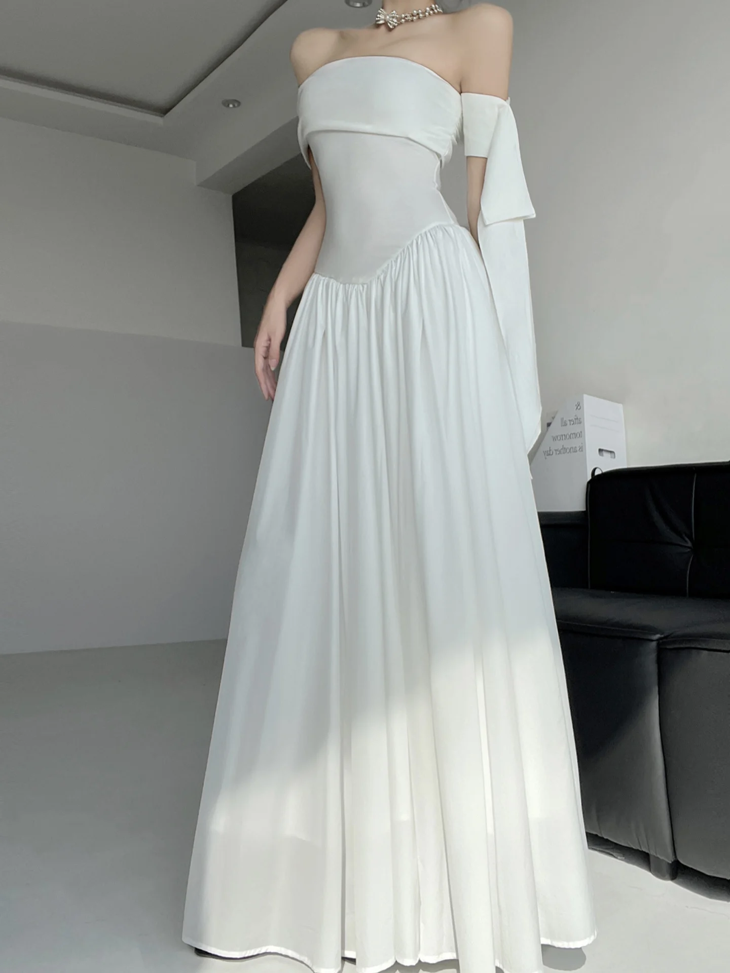 white-moonlight-ballet-girl-one-shoulder-dress-women's-drifting-sash-large-skirt-slimming-dress-long-dress-french-style-high