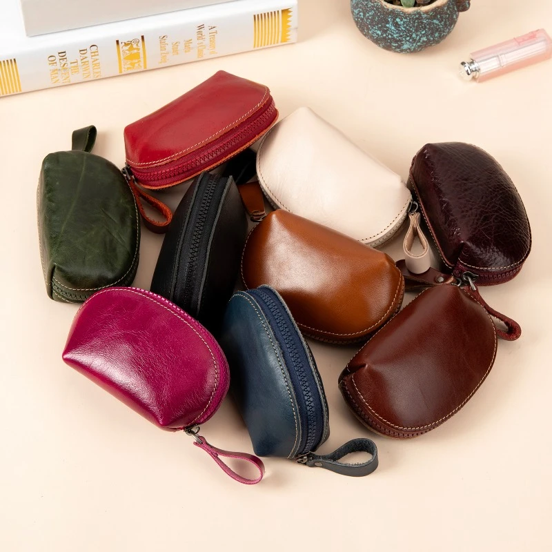 

Genuine Leather Mini Coin Purse Small zipper key money Wallet for Women Keychain Card Holder case Cute Keyring Pouch