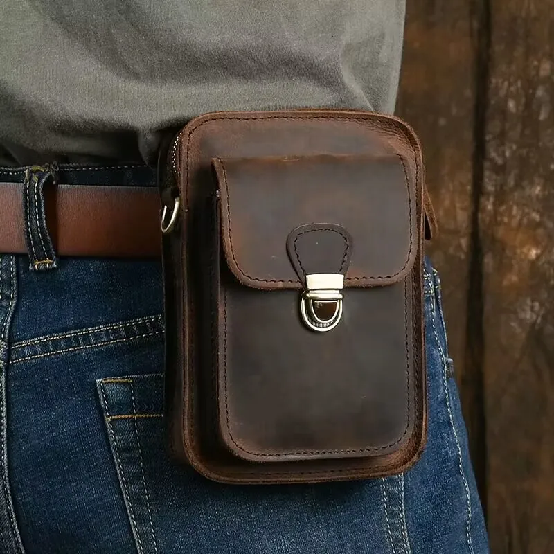 Pacote de cintura de couro de cavalo louco para homens de couro genuíno hip bum cinto saco de viagem masculino bolsa de telefone fanny mensageiro