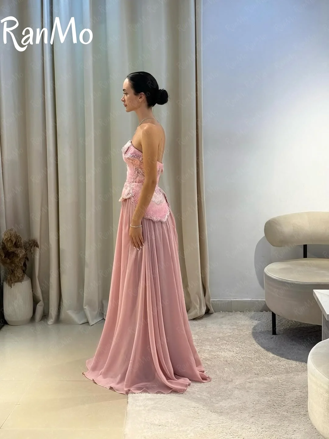 saudi formal dress Saudi Arabic Halter Beige Dubai Evening Dress SS444, Beige / 12 main image 1