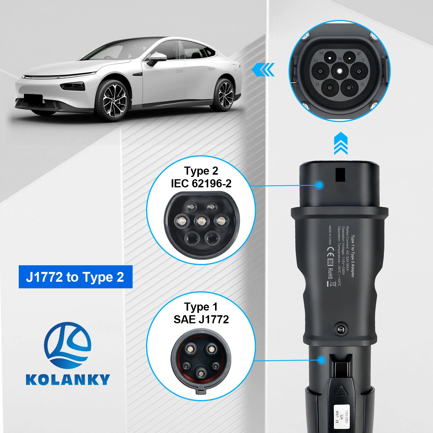 Kolanky 32A Type 1 To Type 2 EV Charger Adaptor For IEC 62169 Type 2 Male Socket EU Standard Electric Vehicle Hybrid Cars