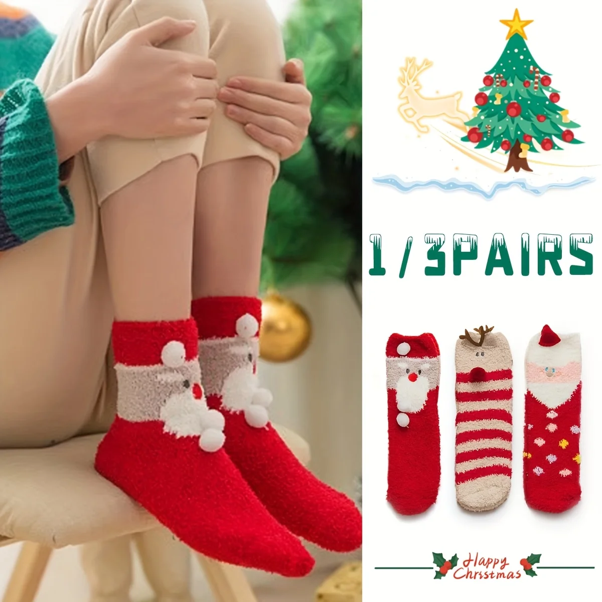 

Ladies' Winter Thermal Socks Indoor Crew Socks Reindeer and Father Christmas Pattern Thickened Style Soft Christmas Gift Socks