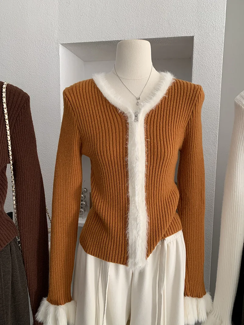 شيك تقسم طويلة الأكمام المرأة تريكو 2025 الخريف المرأة الخامس الرقبة سليم صالح سترة مشغولة من الصوف تنوعا الرجعية سستة سترة #2