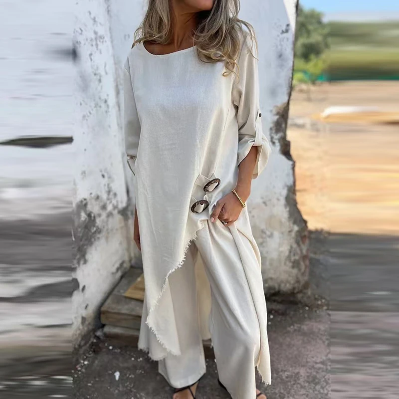 

New Ladies Solid Color Split Long Robe and Trousers Suit Women's Vintage Tassel Asymmetric Set Fashion Casual Versatile Outfits