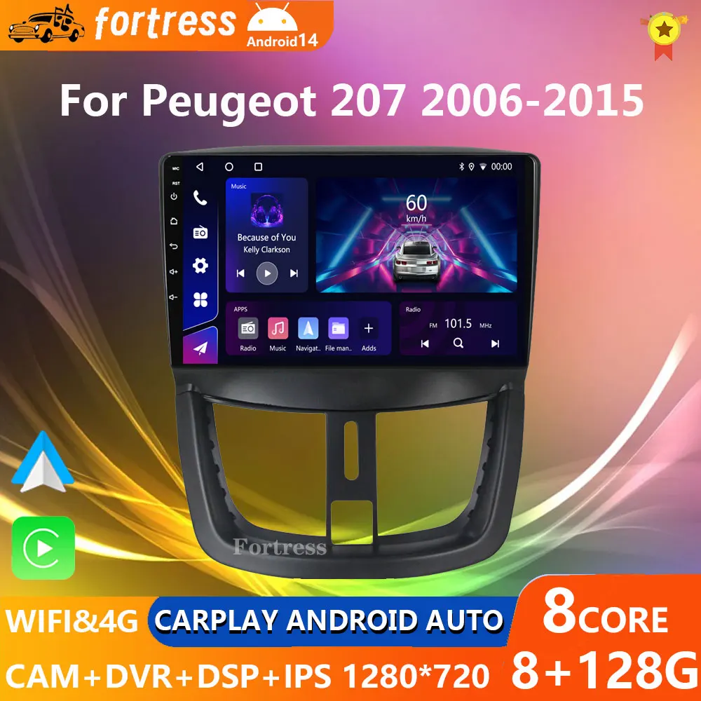 4G WiFi For Peugeot 207 207CC 206 Plus 2007-2013 Android Carplay 2 Din 9 Inch Radio GPS Navigation Multimedia Player Head Unit