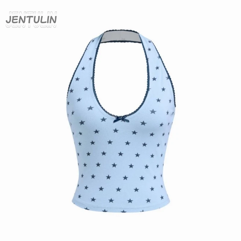 Blue Star Print Color Blocked Neckless Halter Top Summer Sexy American Style Girl Waist Cinching Slim Figure Revealing Back Top