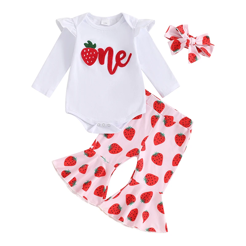 Baby Girl 1st Birthday Outfits Long Sleeve Romper Shirt Strawberry Bell Bottoms Pants Set Newborn Fall Clothes