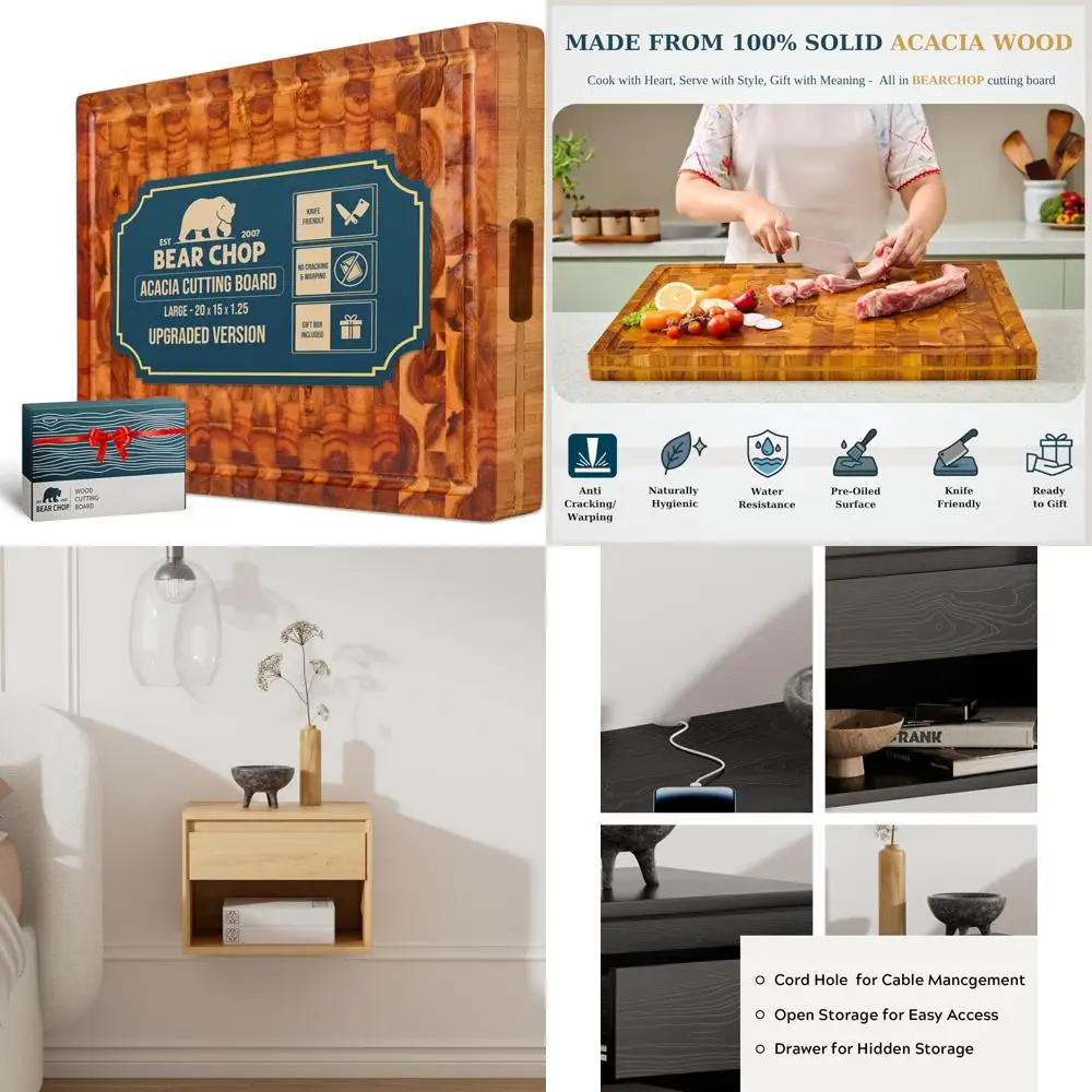 

Большой кухонный мясной блок из дерева акации, 20x15x1,25, усиленные края для устойчивости к трещинам и деформации, разделочная доска премиум-класса