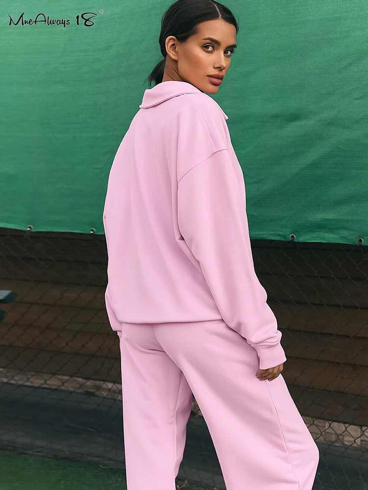 Mnealways18 Pink Sporty Knitwear Pants Sets Two Pieces Pullover Tops And Wide Legs Pants Two Pieces Outfits Autumn Winter 2024