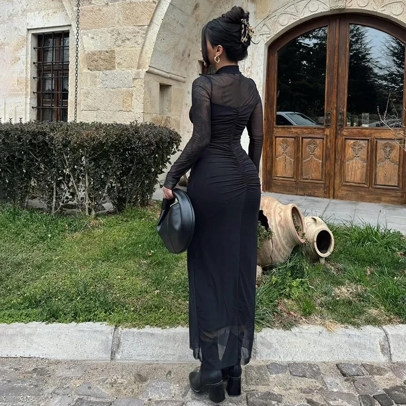 ALTGOTH 2024 Elegante Maxi Vestito Nero Delle Donne Streetwear Moda Sexy Maglia Vedere Attraverso Il Vestito Y2k Maniche Lunghe Elegante Vestito Da