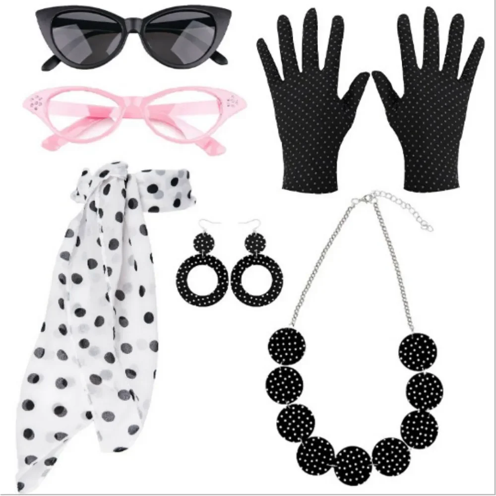 50s Disco Cosplay Costume Accessories Cat Eye Glasses Polka Dot Bandana Tie Headband Earrings Halloween Carnival Party Role Play