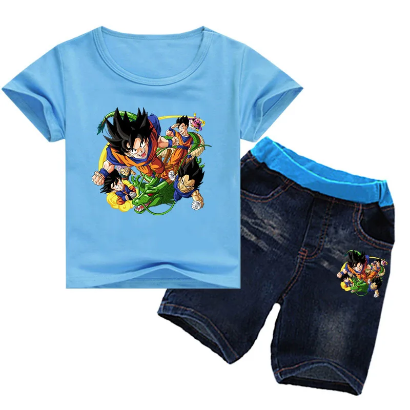 Dragon Ball Children's Wear Trend Anime Cartoon Boys and Girls Round Neck Short Sleeve T-Shirt + Denim Shorts Two-piece Set