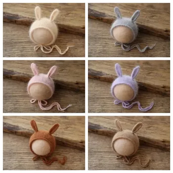 Adereços para fotografia de pele de vison recém-nascido, foto de lua cheia de bebê, chapéu de malha com orelhas de coelho pequenas