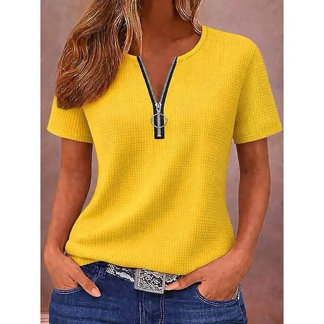 2026 Neuer Stil Frühling/Sommer Damen Gefüttertes T-Shirt mit Waffelkragen, kurzen Ärmeln und Reißverschluss – Detail 6