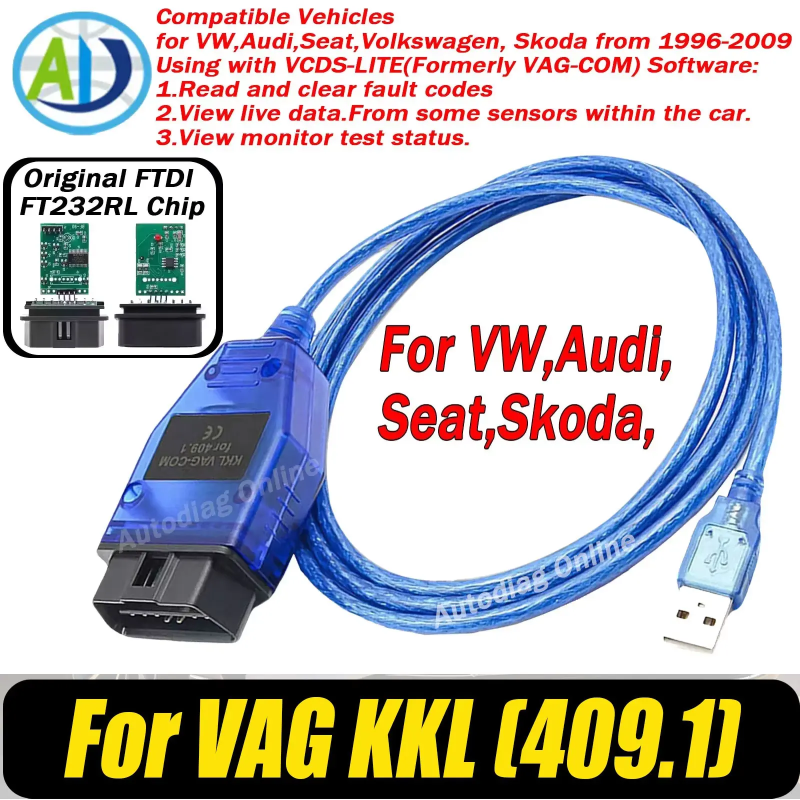 

OBD2 Interface Scanner For VAG KKL 409.1 Original FTDI FT232RL For Volkswagen(VW)/Audi/Skoda/Seat OBD2 Car Diagnostic Scan Tool