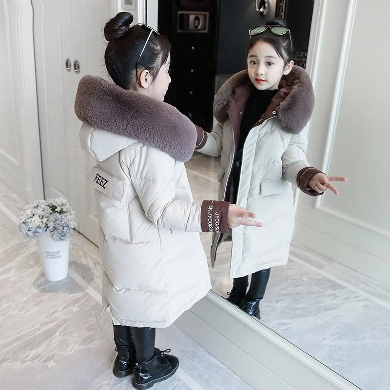 

Winter Down Cotton Jacket Fashion Children Girl Clothing Fur Collar Hooded Long Coats Kids Clothes Warm Thick Parka Clothes