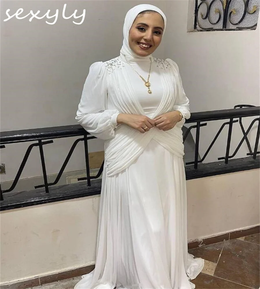 Romantic Muslim Wedding Dress Elegant Crystal Long Sleeve Boho Bride Dress Gatsby Civil Beach Bridal Vestidos Novias Customized