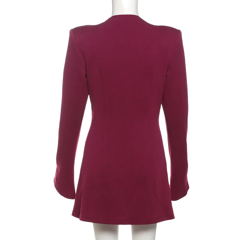 Burgundy Stand Collar Wrap Blazer Single Side Button Shoulder Pad Long Sleeve Fitted Waist Irregular Hem Women Suit Jacket260701